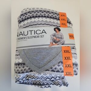 NWT Nautica 2pc Pajama Set Gray and‎ White Size XXL Stretch Fleece